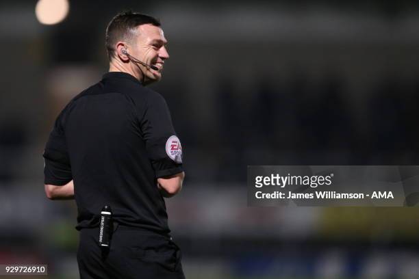 Match referee Tony Harrington during the Sky Bet Championship match between Burton Albion and Brentford the at Pirelli Stadium on March 6, 2018 in...