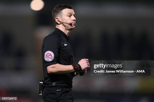 Match referee Tony Harrington during the Sky Bet Championship match between Burton Albion and Brentford the at Pirelli Stadium on March 6, 2018 in...