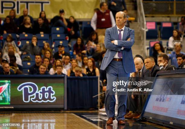 Kevin Stallings looks on at Petersen Events Center on February 24, 2018 in Pittsburgh, Pennsylvania.