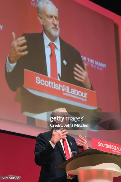 Labour leader Jeremy Corbyn gives his keynote speech to the Scottish Labour Party Conference at the Caird Hall on March 9, 2018 in Dundee,Scotland....