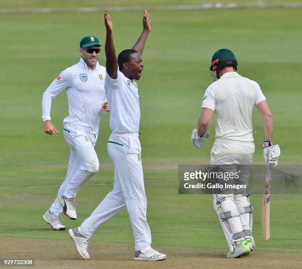 Kagiso Rabada of South Africa celebrates during day 1 of the 2nd Sunfoil Test match between South Africa and Australia at St George's Park on March...