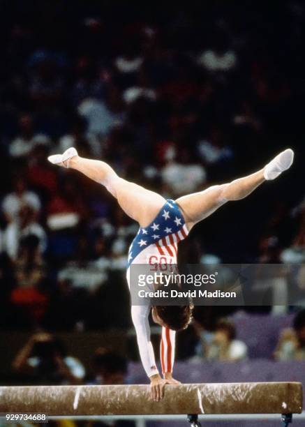 Mary Lou Retton of the USA performs on the balance beam during the Women's Gymnastics competition of the 1984 Summer Olympic Games held from July 30...