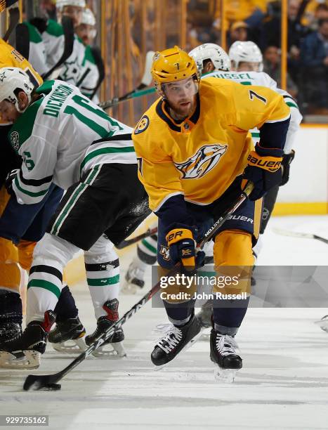 Yannick Weber of the Nashville Predators skates against the Dallas Stars during an NHL game at Bridgestone Arena on March 6, 2018 in Nashville,...