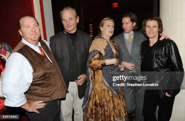 Chef Mario Batali, actor Bill Murray, actress Meryl Streep, director Wes Anderson, and actor Willem Dafoe attend the after party for the premiere of...