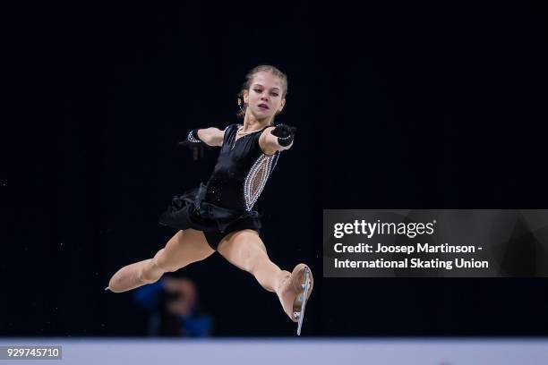 Alexandra Trusova of Russia competes in the Junior Ladies Short Program during the World Junior Figure Skating Championships at Arena Armeec on March...