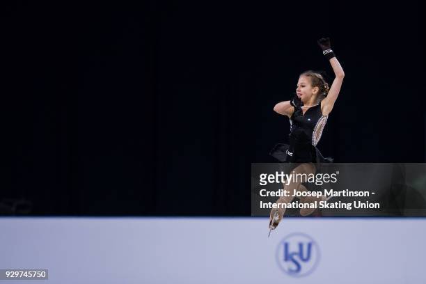 Alexandra Trusova of Russia competes in the Junior Ladies Short Program during the World Junior Figure Skating Championships at Arena Armeec on March...