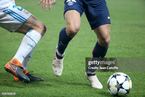 Daniel Carvajal of Real Madrid, Angel Di Maria of PSG during the UEFA Champions League Round of 16 Second Leg match between Paris Saint-Germain and...