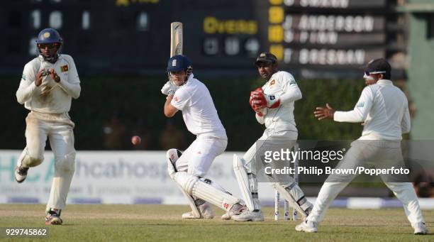 England batsman Alastair Cook plays the ball through the slips during the 2nd Test match between Sri Lanka and England at the P Sara Oval, Colombo,...