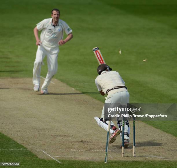 Jacques Rudolph of Surrey is bowled by Alan Richardson of Worcestershire for 68 during the LV County Championship match between Worcestershire and...