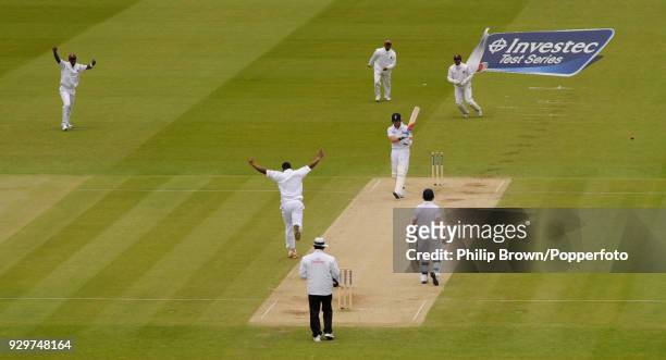West Indies bowler Shannon Gabriel gets his first Test wicket, Matt Prior of England bowled for 19, during the 1st Test match between England and...