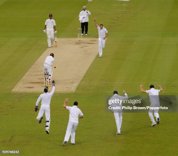 West Indies batsman Adrian Barath is dismissed by Tim Bresnan of England, caught behind by wicketkeeper Matt Prior for 24 in the 1st Test match...