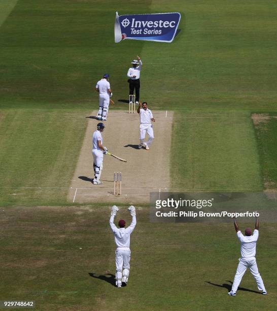 Ravi Rampaul of West Indies celebrates after dismissing Kevin Pietersen of England for 80 runs in the 2nd Test match between England and West indies...