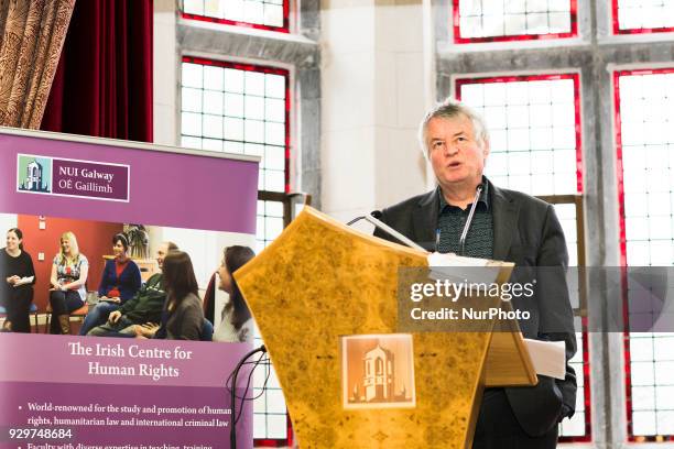 Less Allamby, chief Commissioner Northen Irish Human Rights Commission speaking at podium at the event About Abortion: the law and politics of...