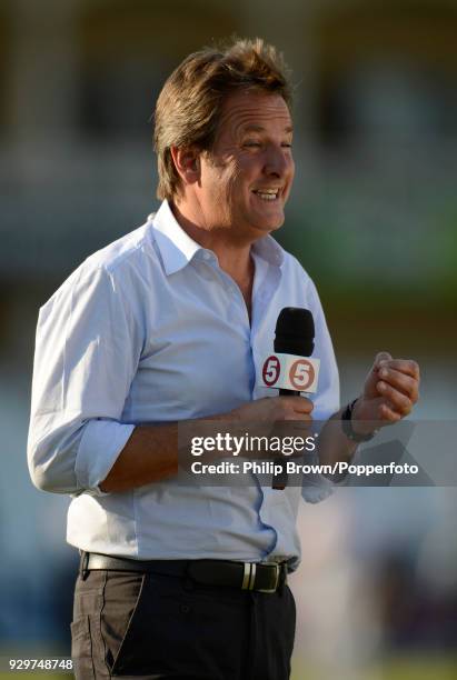 Channel 5 presenter and commentator Mark Nicholas talks to the camera at the end of day three of the 2nd Test match between England and West indies...