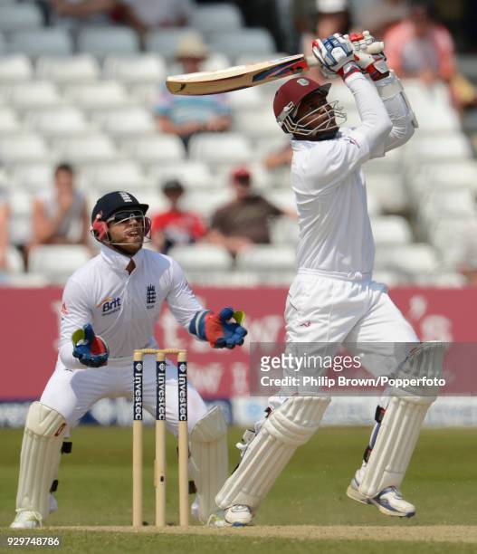 West Indies batsman Marlon Samuels hits a six during his innings of 76 not out in the 2nd Test match between England and West indies at Trent Bridge,...