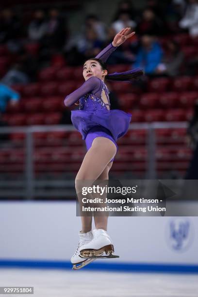 Rika Kihira of Japan competes in the Junior Ladies Short Program during the World Junior Figure Skating Championships at Arena Armeec on March 9,...