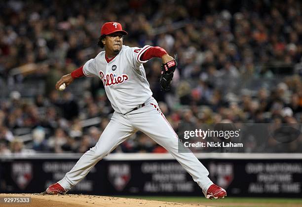 Starting pitcher Pedro Martinez of the Philadelphia Phillies throws a pitch against the New York Yankees in Game Six of the 2009 MLB World Series at...