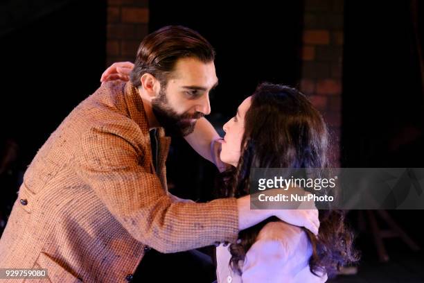 The actors Paula Iwasaki and Guillermo Serrano during the performance 'El lugar que rezan las putas' at the Teatro Español, on March 8, 2018 in...
