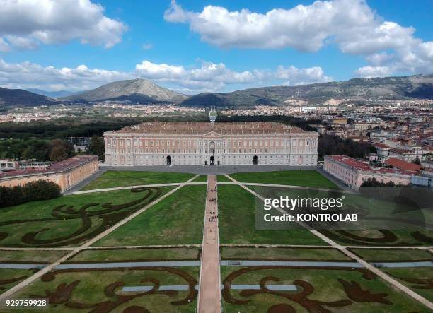 Aerial view of the Royal Palace of Caserta. Built by the architect Vanvitelli, the historic owners were the Bourbon.