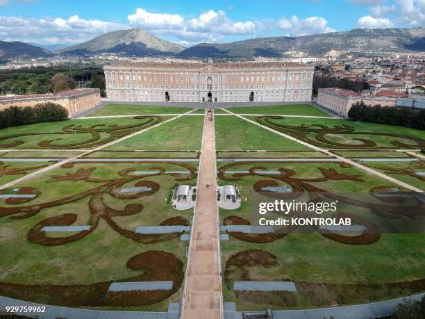 Aerial view of the Royal Palace of Caserta. Built by the architect Vanvitelli, the historic owners were the Bourbon.