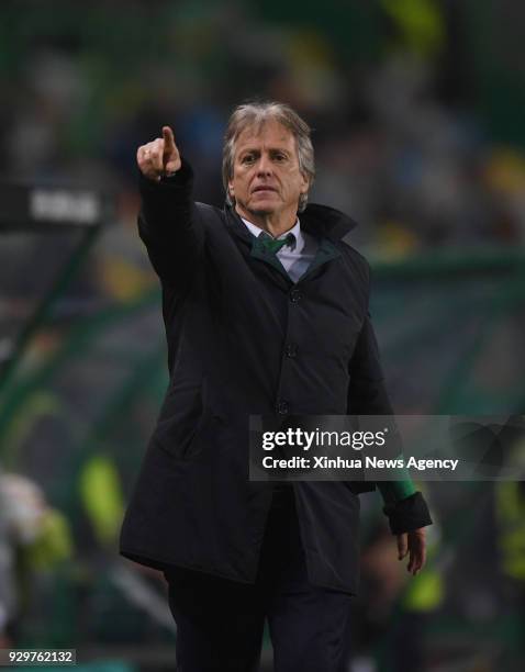 March 8, 2018 -- Head coach Jorge Jesus of Sporting gestures during the UEFA Europa League round of 16 first leg match against FC Viktoria Plzen at...