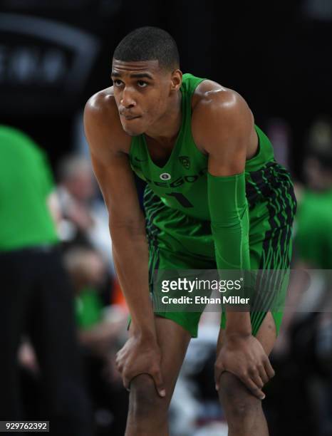 Kenny Wooten of the Oregon Ducks stands on the court during a quarterfinal game of the Pac-12 basketball tournament against the Utah Utes at T-Mobile...