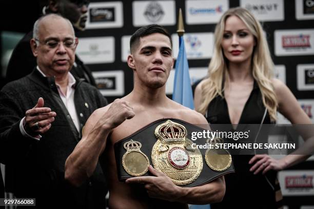 Interim champion Argentina's Brian Carlos Castano is pictured on March 9, 2018 in Paris during the official weighing on the eve of his WBA super...