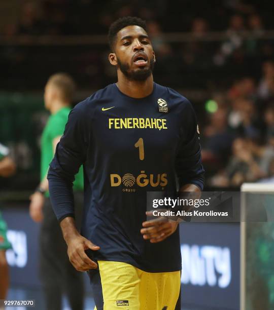 Jason Thompson, #1 of Fenerbahce Dogus Istanbul in action during the 2017/2018 Turkish Airlines EuroLeague Regular Season Round 25 game between...