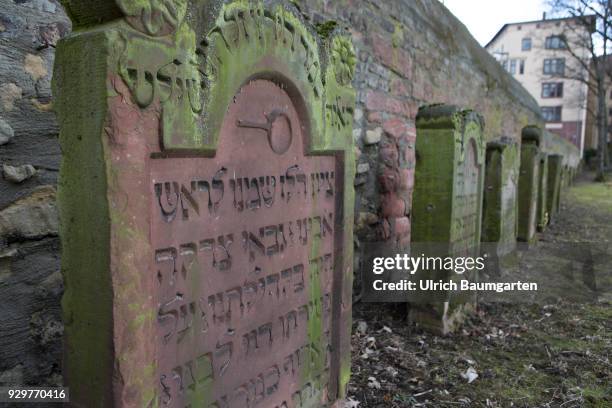 Museum Judengasse in Frankfurt/Main - memorial Neuer Boerneplatz. Grave stones on the old Jewish cementary.