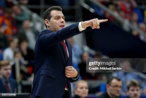 Dimitris Itoudis, #Head Coach of CSKA Moscow in action during the 2017/2018 Turkish Airlines EuroLeague Regular Season Round 25 game between CSKA...