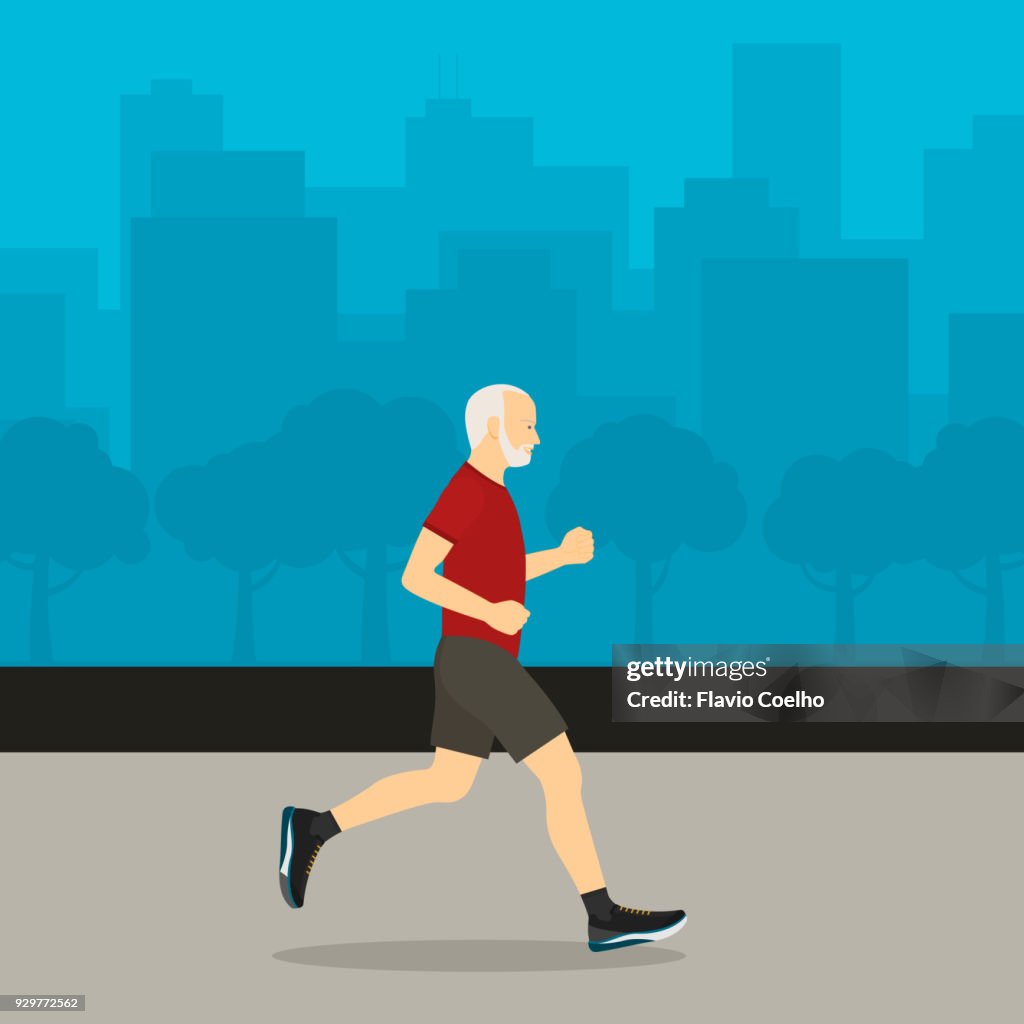 Healthy old man jogging and city on the background illustration