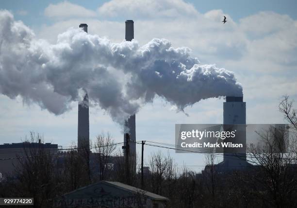 Emissions spew from a large stack at the coal fired Brandon Shores Power Plant, on March 9, 2018 in Baltimore, Maryland. Last year the Environmental...