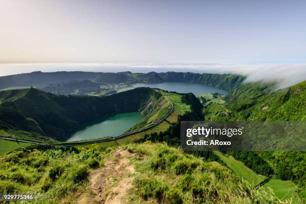panoramic landscape from azores lagoons. fogo lagoon at sunrise. - ponta delgada stock pictures, royalty-free photos & images