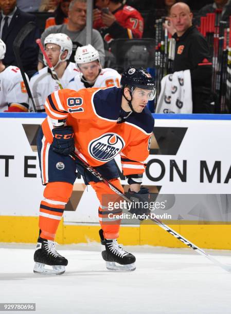 Yohann Auvitu of the Edmonton Oilers lines up for a faceoff during the game against the Calgary Flames on January 25, 2017 at Rogers Place in...