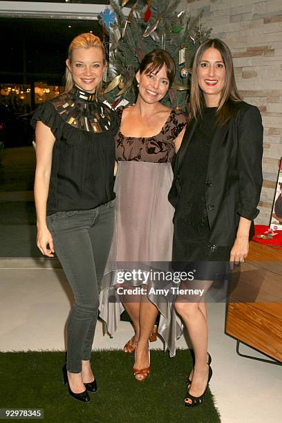 Amy Smart, Founder of Eco Stiletto Rachel Sarnoff and Anna Getty attend Anna Getty's "I'm Dreaming of a Green Christmas" Book Launch Party at...