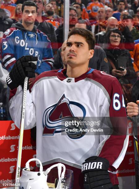 Nail Yakupov of the Colorado Avalanche stands for the singing of the national anthem prior to the game against the Edmonton Oilers on February 1,...