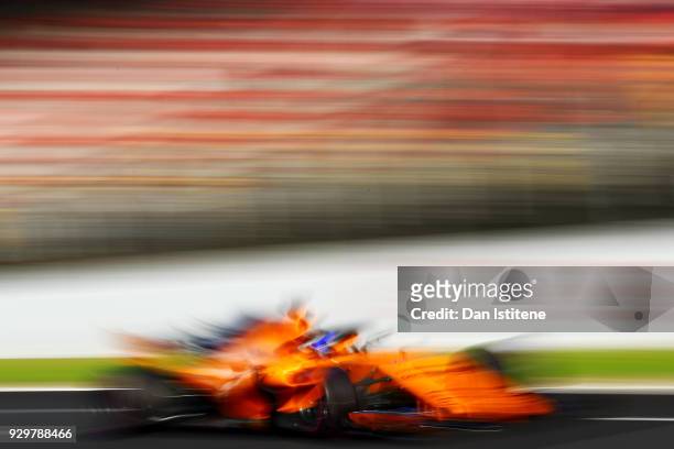 Fernando Alonso of Spain driving the McLaren F1 Team MCL33 Renault on track during day four of F1 Winter Testing at Circuit de Catalunya on March 9,...