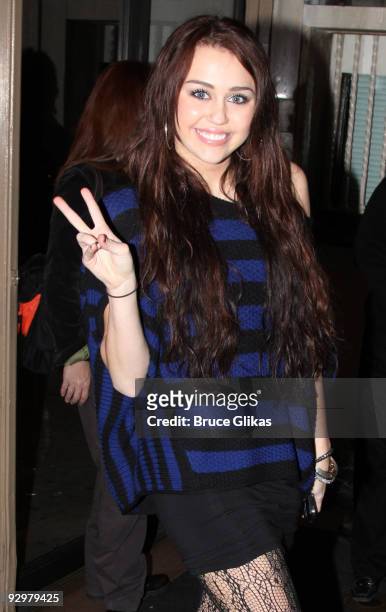 Exclusive Coverage* Miley Cyrus attends the hit rock musical "Rock of Ages" on Broadway at The Brooks Atkinson Theater on November 10, 2009 in New...