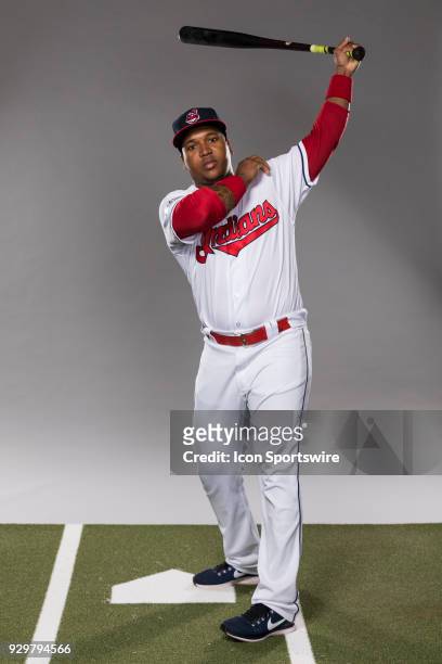 Infielder Jose Ramirez poses for a photo during the Cleveland Indians photo day on Wednesday, Feb. 21, 2018 at Goodyear Ballpark in Goodyear, Ariz.