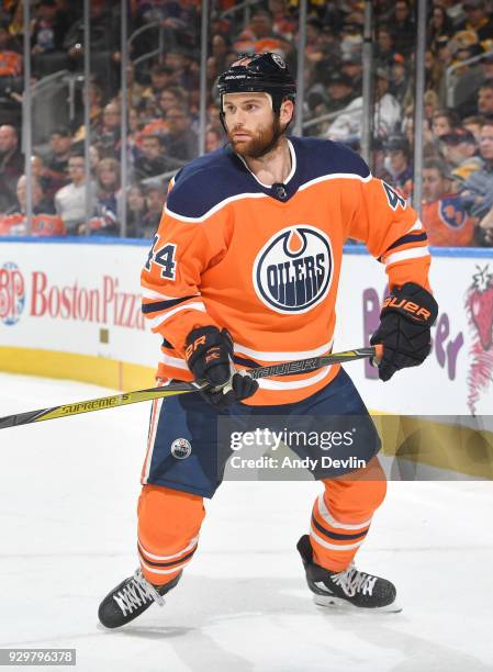 Zack Kassian of the Edmonton Oilers skates during the game against the Boston Bruins on February 20, 2018 at Rogers Place in Edmonton, Alberta,...