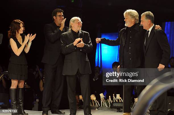 Singers/Songwriters Patty Griffin, Vince Gill, Willie Nelson, Kris Kristofferson and BMI's Del Bryant during the 57th Annual BMI Country Awards at...