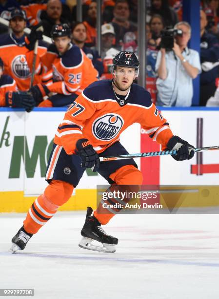 Oscar Klefbom of the Edmonton Oilers skates during the game against the Colorado Avalanche on February 22, 2018 at Rogers Place in Edmonton, Alberta,...