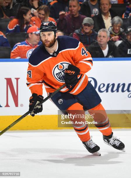 Zack Kassian of the Edmonton Oilers skates during the game against the Colorado Avalanche on February 22, 2018 at Rogers Place in Edmonton, Alberta,...