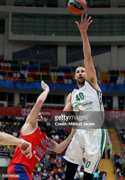 James Augustine, #40 of Unicaja Malaga in action during the 2017/2018 Turkish Airlines EuroLeague Regular Season Round 25 game between CSKA Moscow...