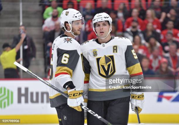 Vegas Golden Knights Left Wing David Perron and Vegas Golden Knights Defenceman Colin Miller have a colloquy before a face-off in the NHL hockey game...