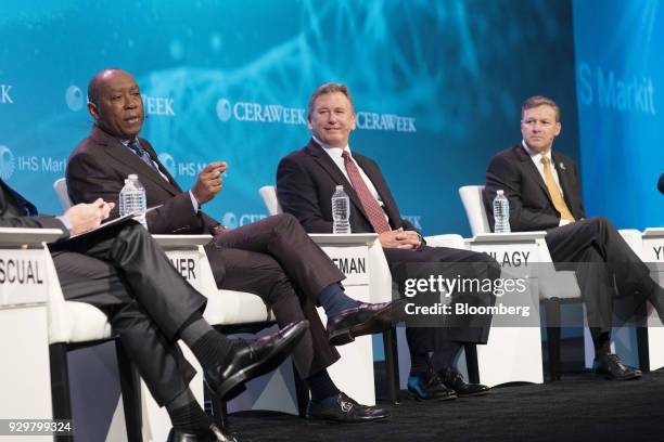 Sylvester Turner, mayor of Houston, left, speaks while Brian Coffman, president and chief executive officer of Motiva Enterprises LLC, center, and...