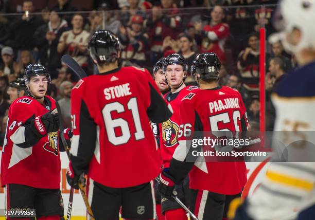 Ottawa Senators Defenceman Thomas Chabot celebrates his second period goal with Jean-Gabriel Pageau , Mark Stone , Magnus Paajarvi , and Bobby Ryan...
