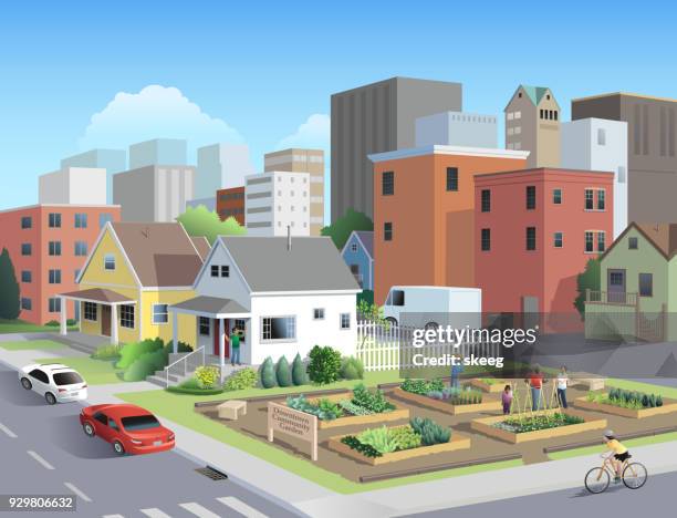 urban neighborhood community garden - pavement stock illustrations