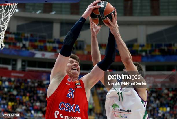 Andrey Vorontsevich, #20 of CSKA Moscow competes with Daniel Diez, #11 of Unicaja Malaga in action during the 2017/2018 Turkish Airlines EuroLeague...