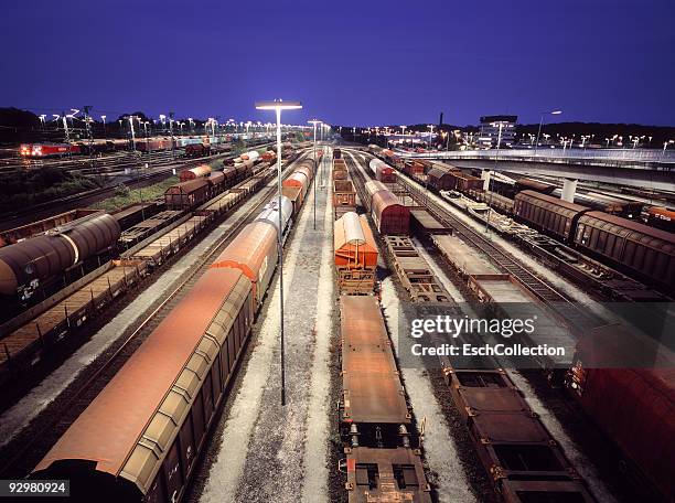 idle trains at a giant marshalling yard in hamburg - train yard at night stock pictures, royalty-free photos & images
